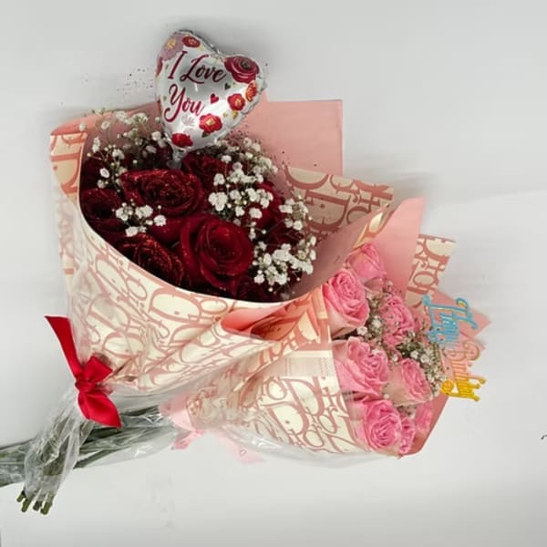 Two rose bouquets with a heart-shaped "I Love You" balloon