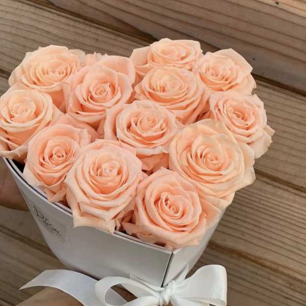 Peach roses arranged in a white box with a ribbon bow