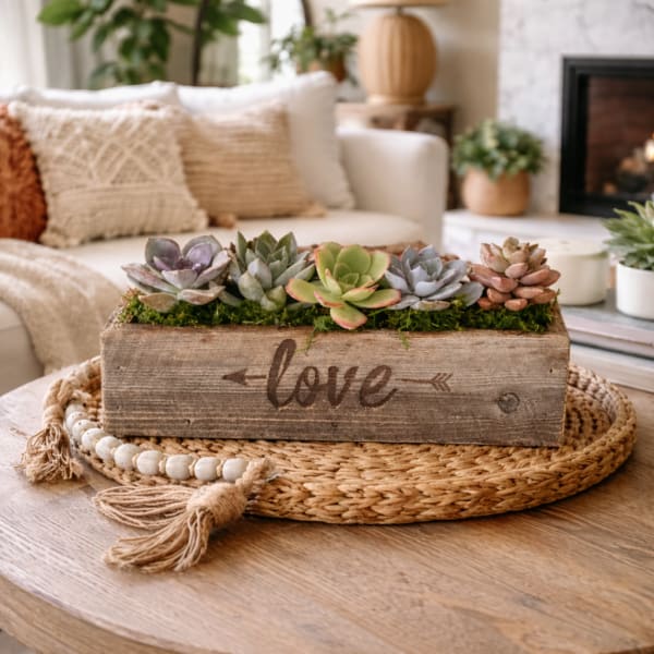 Succulent arrangement in a rustic wooden box with the word love