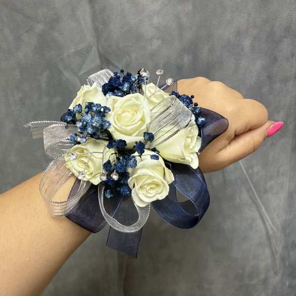 Navy silver White spray roses wrist corsage