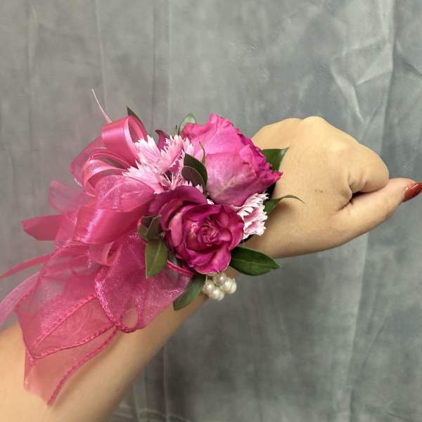 Hot pink spray roses wrist corsage