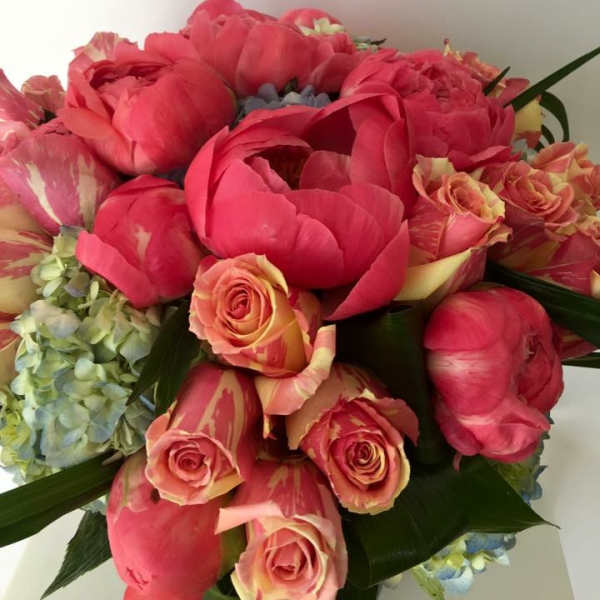Pink peonies and variegated roses in a bouquet