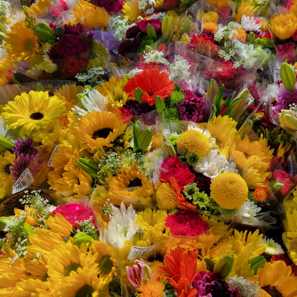 Assorted bouquets of bright yellow, red, pink, and white flowers