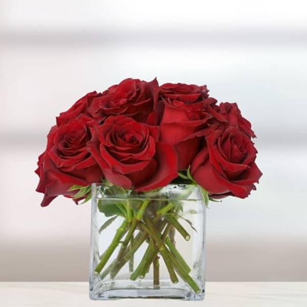 Red roses arranged in a clear glass vase