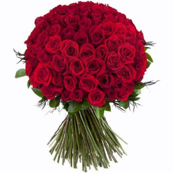 Large bouquet of red roses with long stems