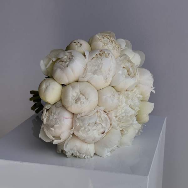 Round hand-tied bouquet of ivory peonies resting on a white pedestal
