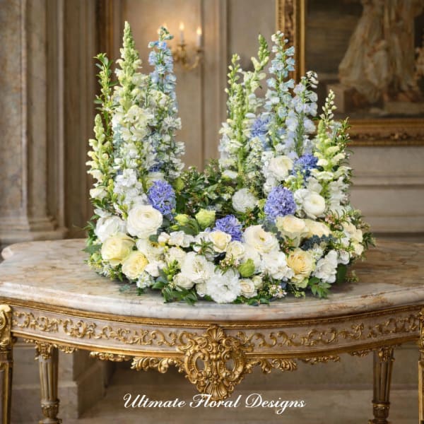 Large floral centerpiece with white, cream, and blue flowers on an ornate table