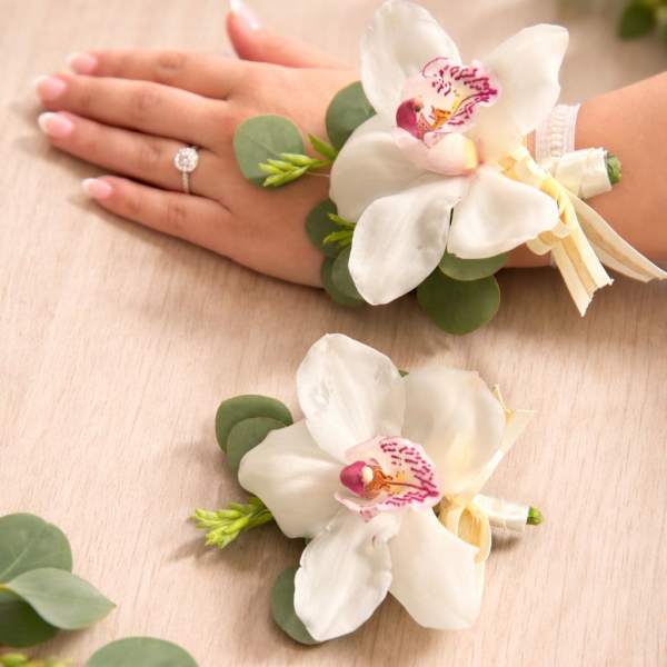 Elegant Orchid Corsage & Boutonniere Set by The House of Flowers