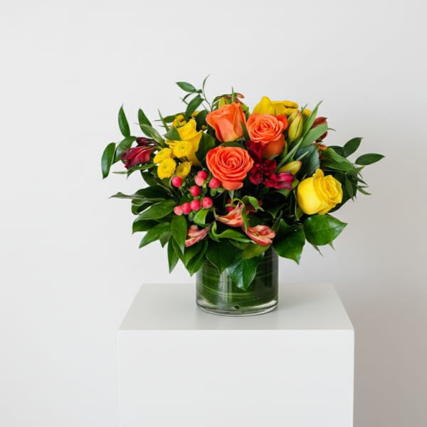 Fireball Bouquet - Orange and Yellow Rose Arrangement in Glass Vase