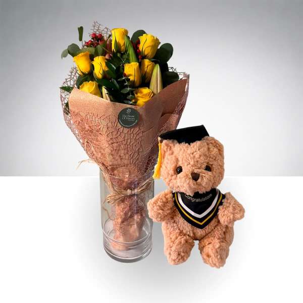 Golden Graduation Rose Bouquet & Teddy by The House of Flowers