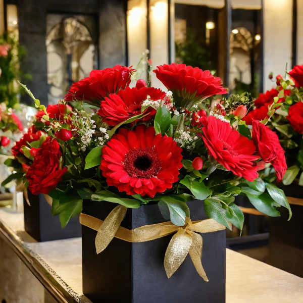 Red gerbera daisies arranged in a black gift box with a gold ribbon