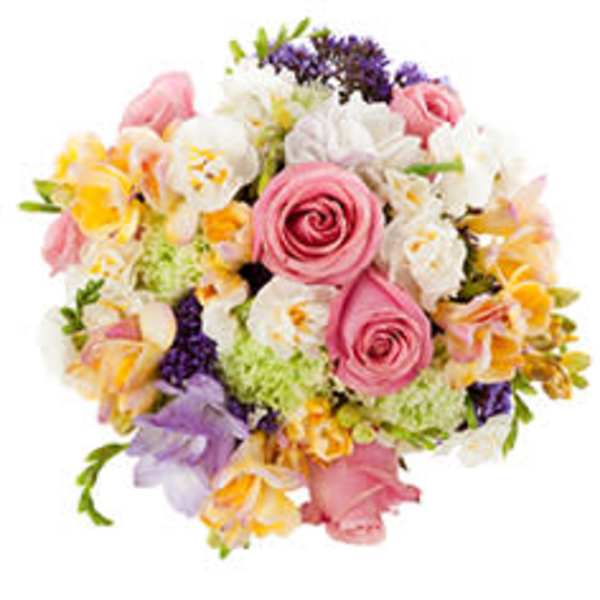 Bouquet of pink roses, white flowers, and purple accents