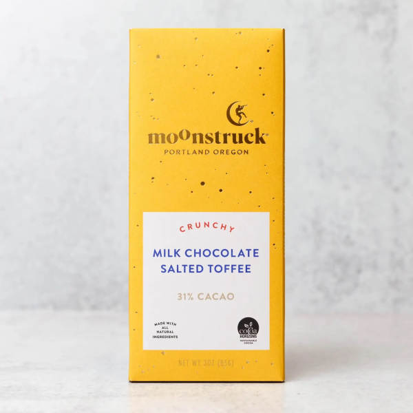 Yellow box of Moonstruck milk chocolate salted toffee