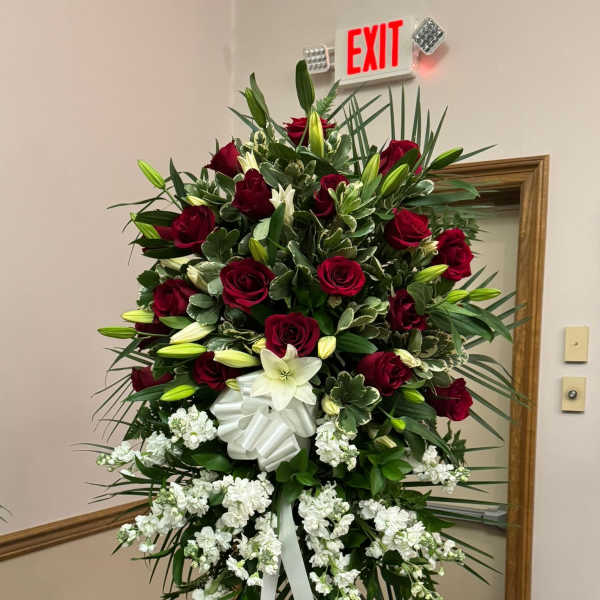 Funeral Standing Spray. The photo shows the deluxe size.
