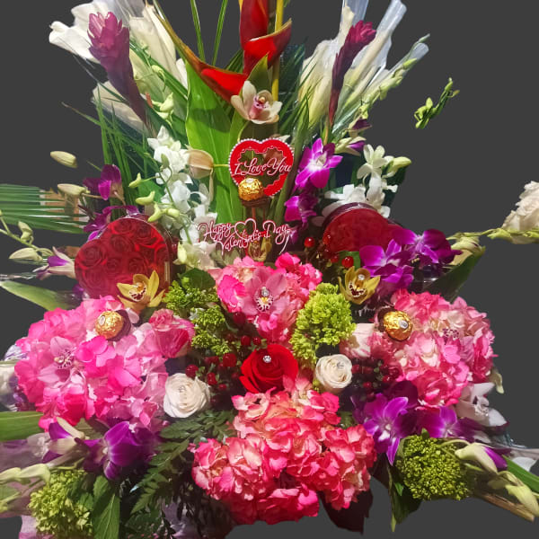 Large Valentine bouquet with pink, red, white, and purple flowers