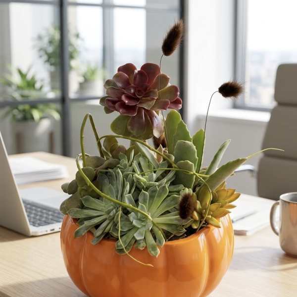 Succulent arrangement in an orange pumpkin-shaped pot on a desk