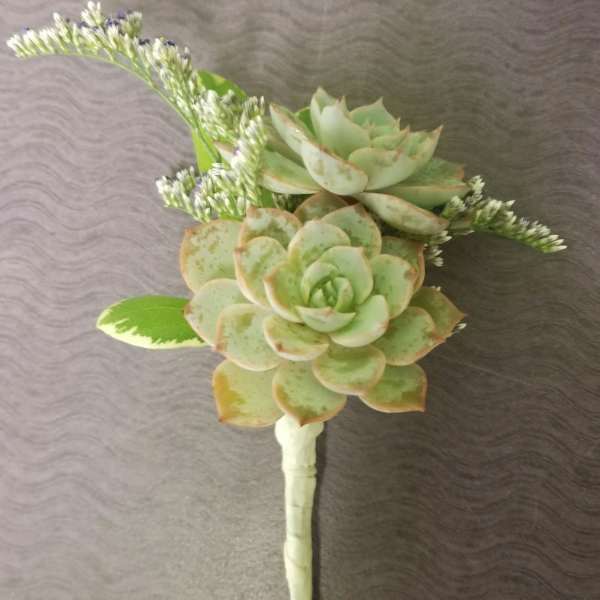 Succulent boutonniere with pale green rosettes and small white filler flowers