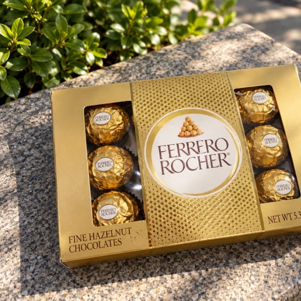 Box of Ferrero Rocher chocolates on a stone surface outdoors