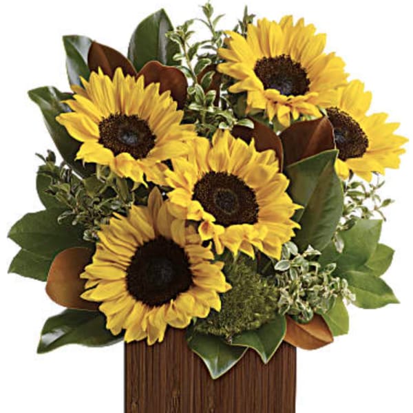 Sunflower arrangement in a wooden box with green foliage