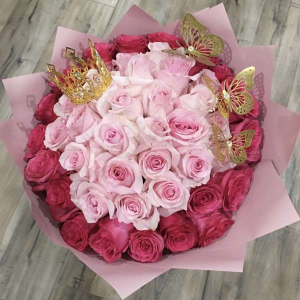 Pink and red rose bouquet with gold crown and butterfly picks