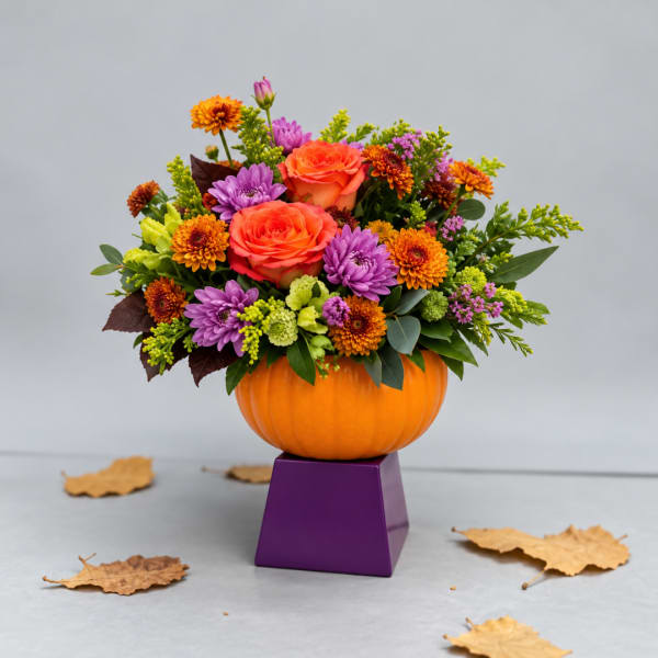 Orange and purple floral arrangement in a pumpkin-shaped container