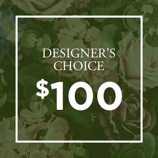 Designer’s choice floral gift card with $100 text over a flower background