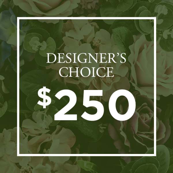 Designer’s choice floral arrangement graphic with $250 price text