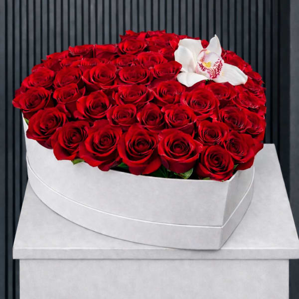 Large box of red roses with a white orchid accent