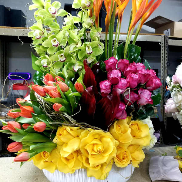 Large mixed floral arrangement with orchids, tulips, roses, and bird of paradise in a white vase