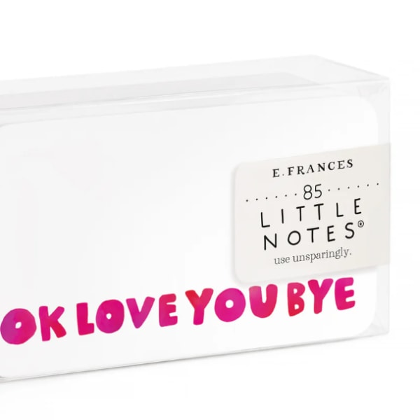 Boxed set of white note cards with pink text