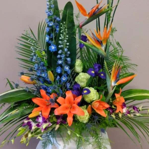 Tropical flower arrangement with orange birds of paradise and blue blooms