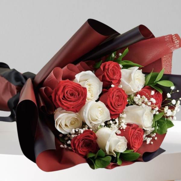 Bouquet of red and white roses wrapped in burgundy and black paper