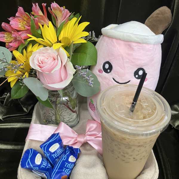 Pink rose and yellow daisy bouquet with a plush drink and iced coffee tray