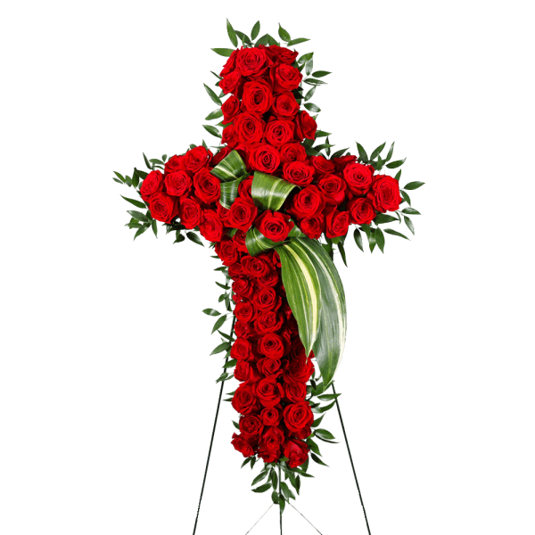 Cross-shaped standing spray of red roses with green ribbon accents