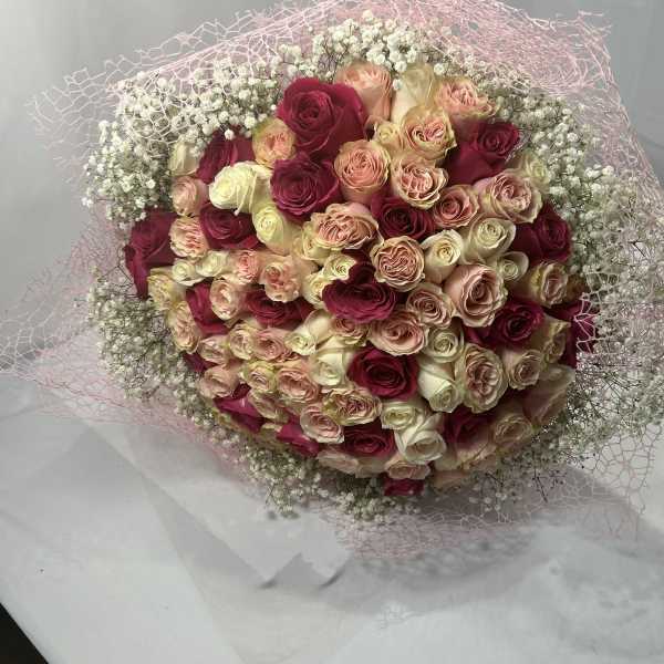 Large bouquet of pink, cream, and red roses wrapped in pale pink mesh
