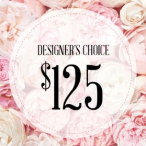 Pink and white roses surround a circular price label reading $125.