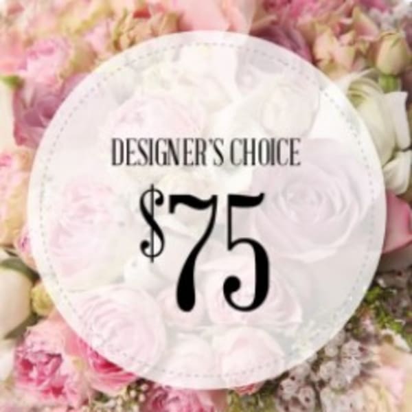 Pink and white rose bouquet with a $75 designer's choice label