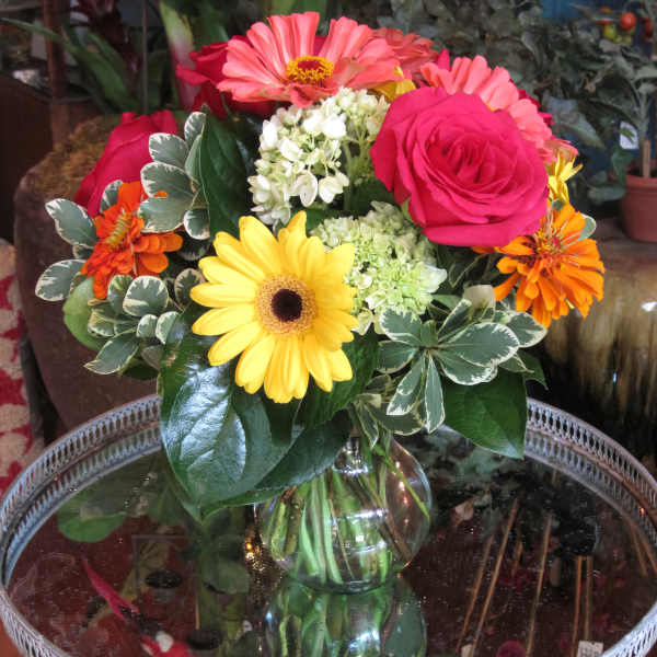 Mixed bouquet of roses, gerbera daisies, and hydrangea in a glass vase