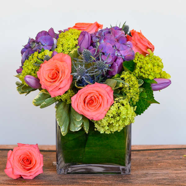 Short arrangement of coral roses, purple blooms, and green hydrangea in a square glass vase with a leaf wrap