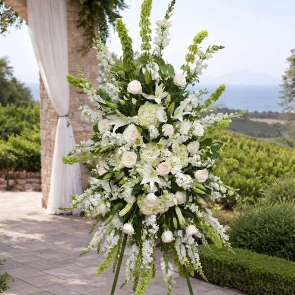 Tall white floral arrangement on a stand outdoors