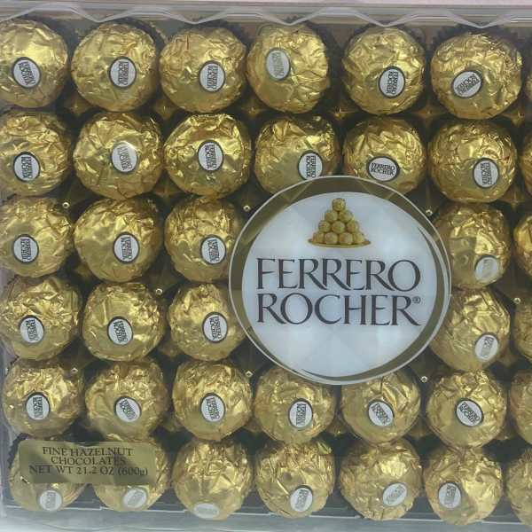 Large box of Ferrero Rocher hazelnut chocolates in gold foil wrappers