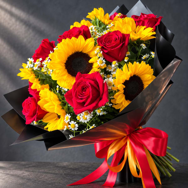 Bouquet of red roses and yellow sunflowers wrapped in black paper with a red ribbon