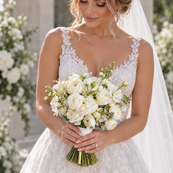 Bride holding a white wedding bouquet of roses and ranunculus