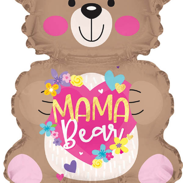 Bear-shaped balloon with "MAMA Bear" text and floral accents