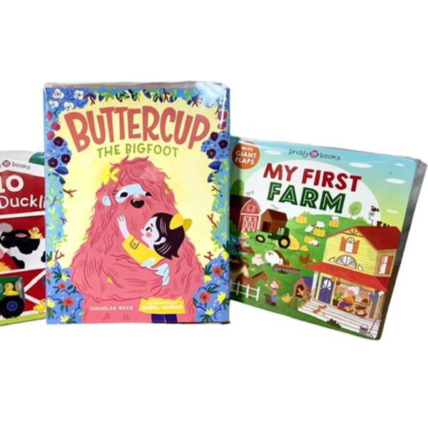 Three children's board books stacked side by side on a white background.