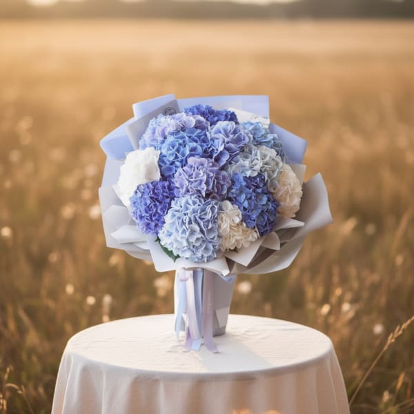 Bouquet of blue and white hydrangeas wrapped in pale paper