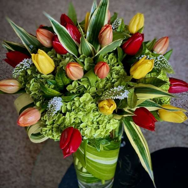 Bouquet of red, yellow, and peach tulips with green hydrangeas in a glass vase
