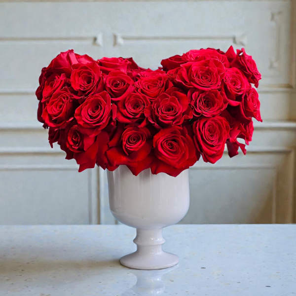 Red roses arranged in a white pedestal vase