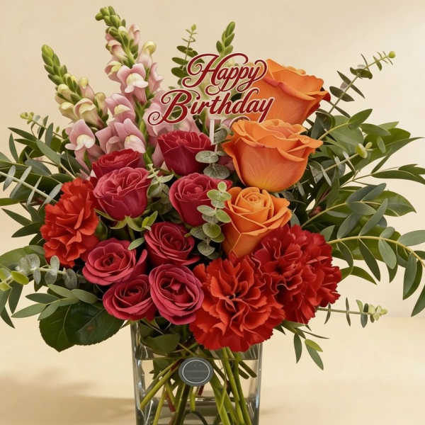 Birthday arrangement of red and orange roses, red carnations, and pink snapdragons in a glass vase.