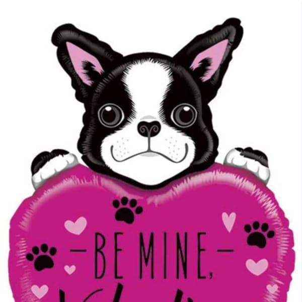 Pink heart-shaped balloon with a dog and "Be Mine, Valentine" text